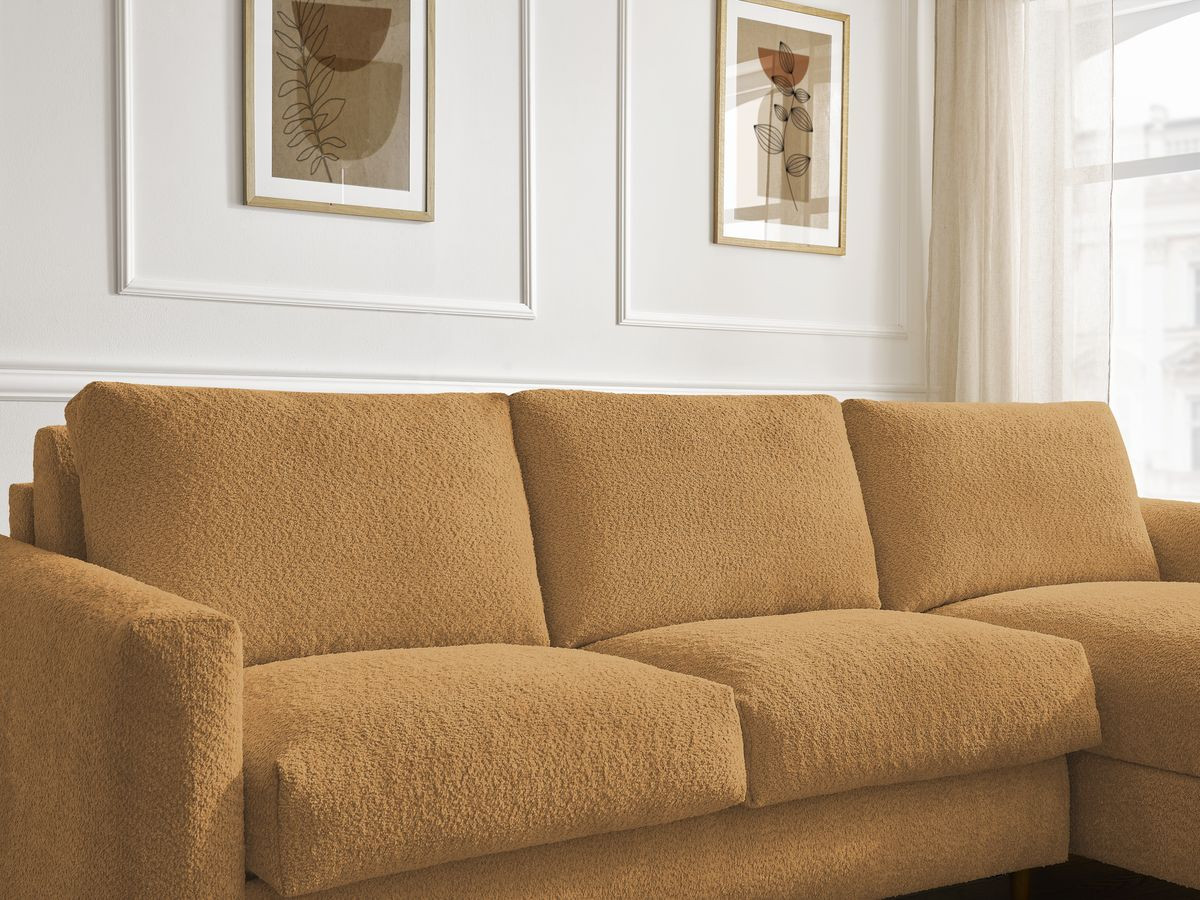 Bobochic Cocoone Ecksofa mit Schlaffunktion und Bettkasten Bouclé-Stoff Gelb, Liegefläche 140 × 200 cm