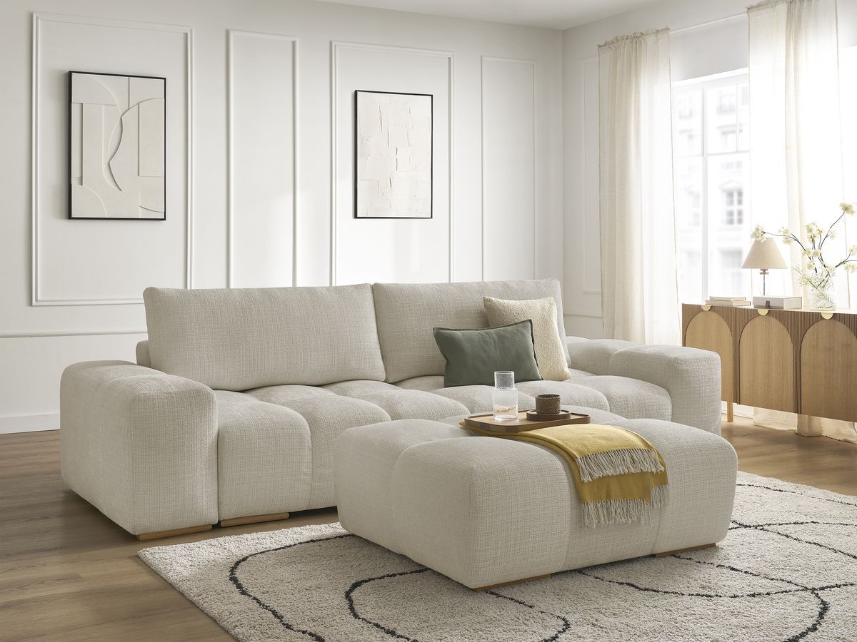 Bobochic Anakin Schlafsofa 3-Sitzer mit Bettkasten und Pouf, 2 Kissen Strukturstoff Beige