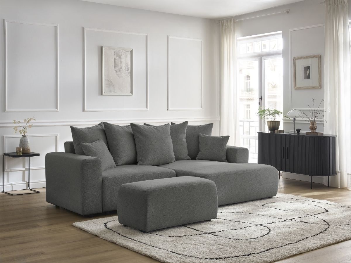 Bobochic Atilla Ecksofa mit Schlaffunktion und Bettkasten und Pouf Melange-Stoff Dunkelgrau Ecke rechts