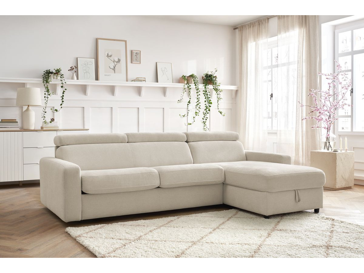 Bobochic Monaco Ecksofa mit Schlaffunktion und Bettkasten Stoff Beige, Liegefläche 140 × 190 cm