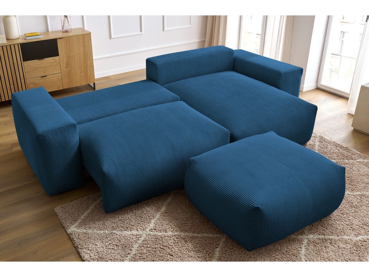 Bobochic Voltaire Ecksofa mit Schlaffunktion und Bettkasten und Pouf Cordsamt Dunkelblau