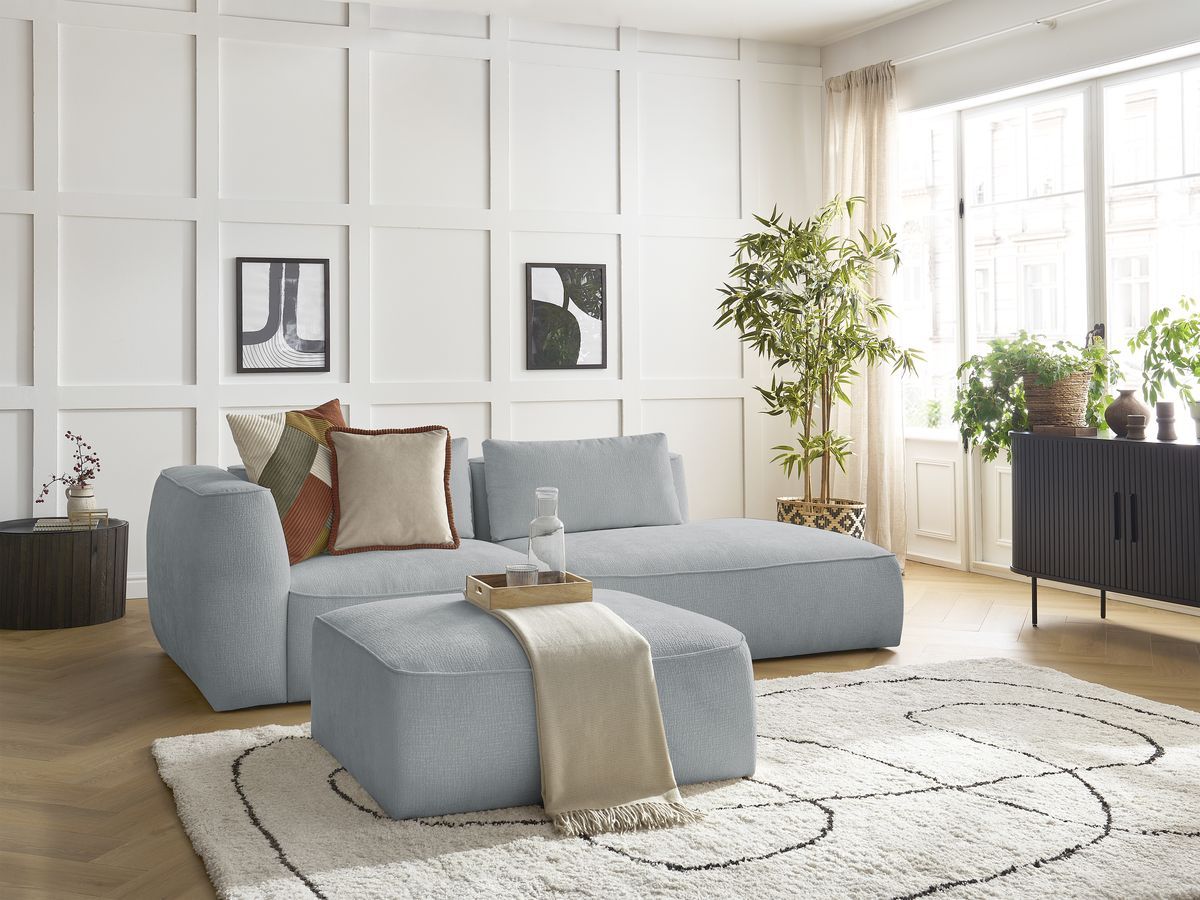 Bobochic Leopold Sofa 4-Sitzer mit Pouf Strukturstoff Hellgrau Armlehne links