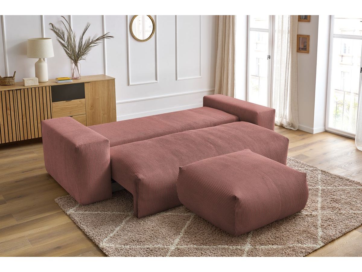 Bobochic Voltaire Schlafsofa 4-Sitzer mit Bettkasten und Pouf Cordsamt Rosa