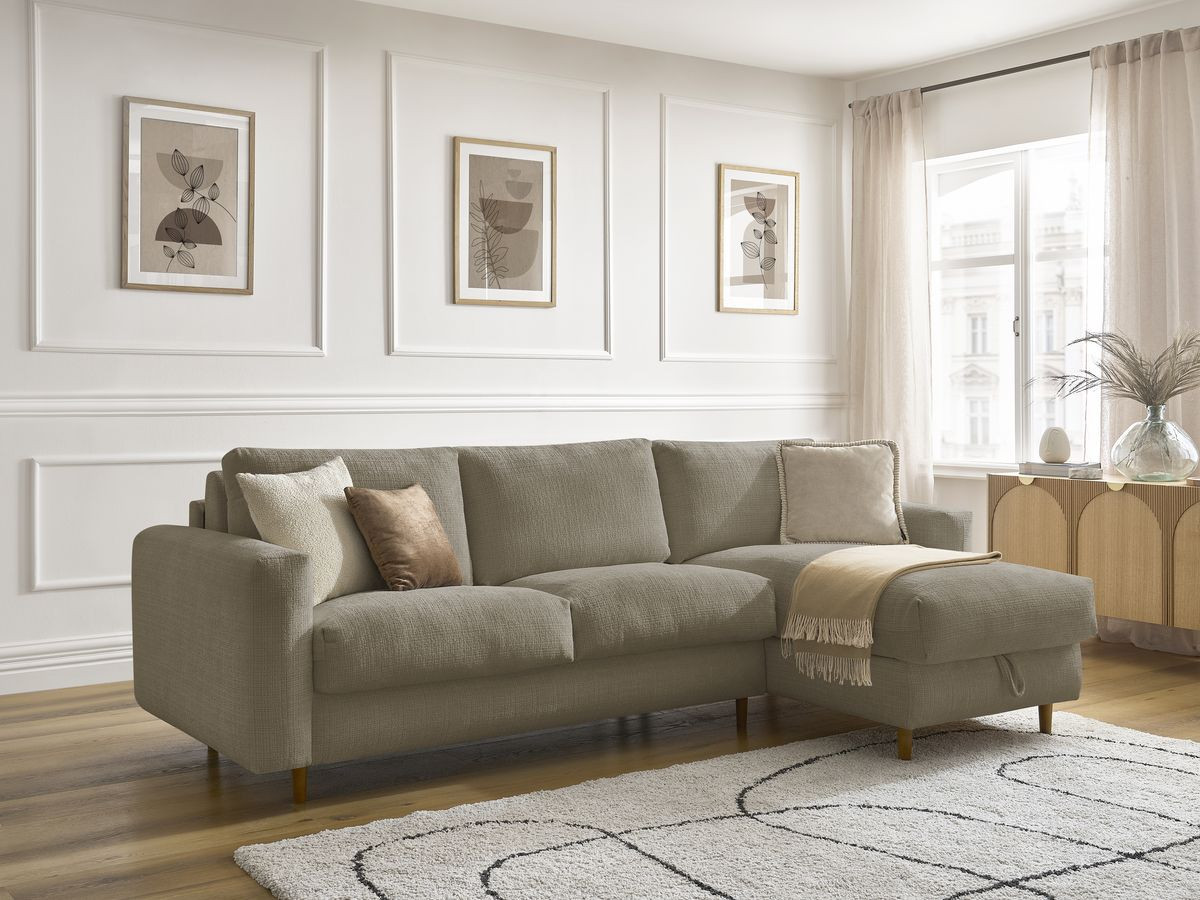 Bobochic Cocoone Ecksofa mit Schlaffunktion und Bettkasten Strukturstoff Taupe, Liegefläche 140 × 200 cm