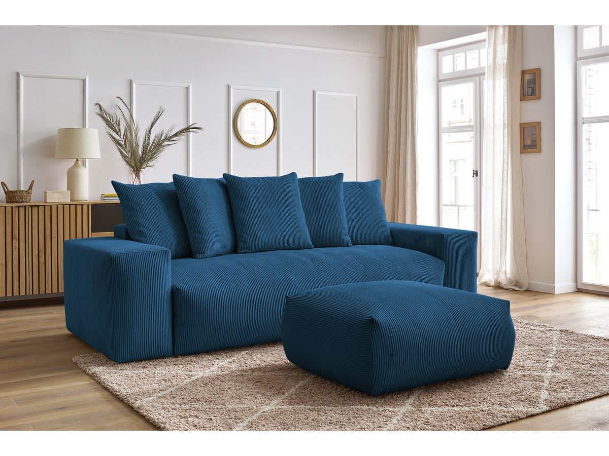 Bobochic Voltaire Schlafsofa 4-Sitzer mit Bettkasten und Pouf Cordsamt Dunkelblau