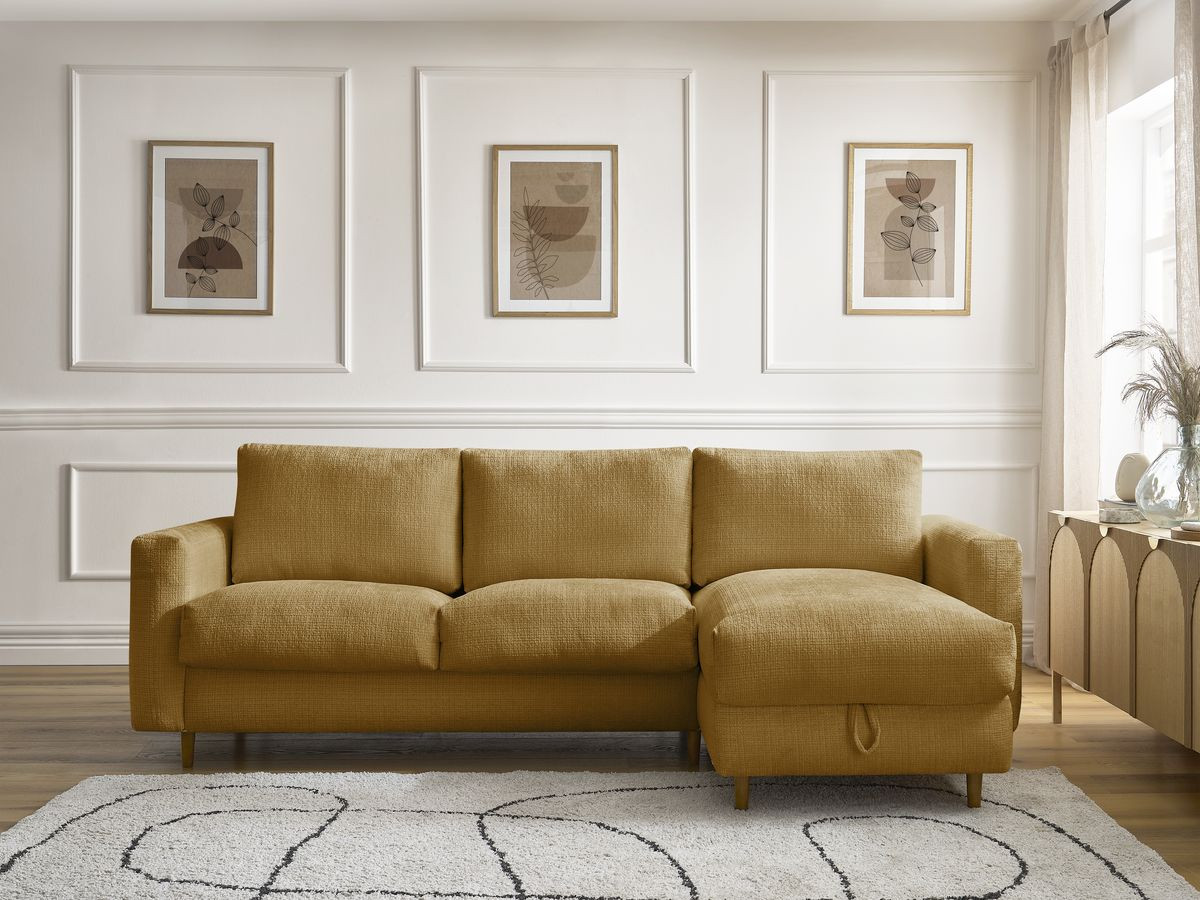 Bobochic Cocoone Ecksofa mit Schlaffunktion und Bettkasten Strukturstoff Gelb, Liegefläche 140 × 200 cm