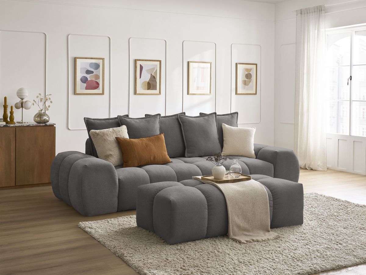 Bobochic Everest Schlafsofa 3-Sitzer mit Bettkasten und Pouf, 5 Kissen Strukturstoff Dunkelgrau