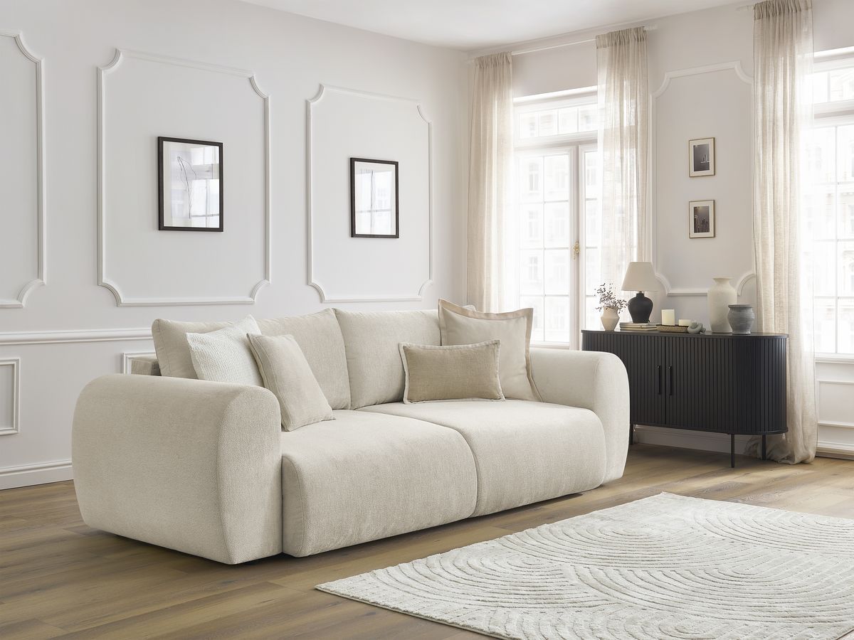 Bobochic Lucien Schlafsofa 3-Sitzer mit Bettkasten Stoff Beige