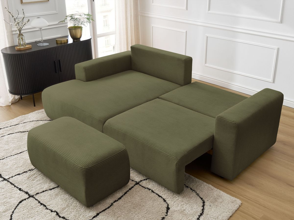Bobochic Atilla Ecksofa mit Schlaffunktion und Bettkasten und Pouf Cordsamt Hellgrün Ecke links