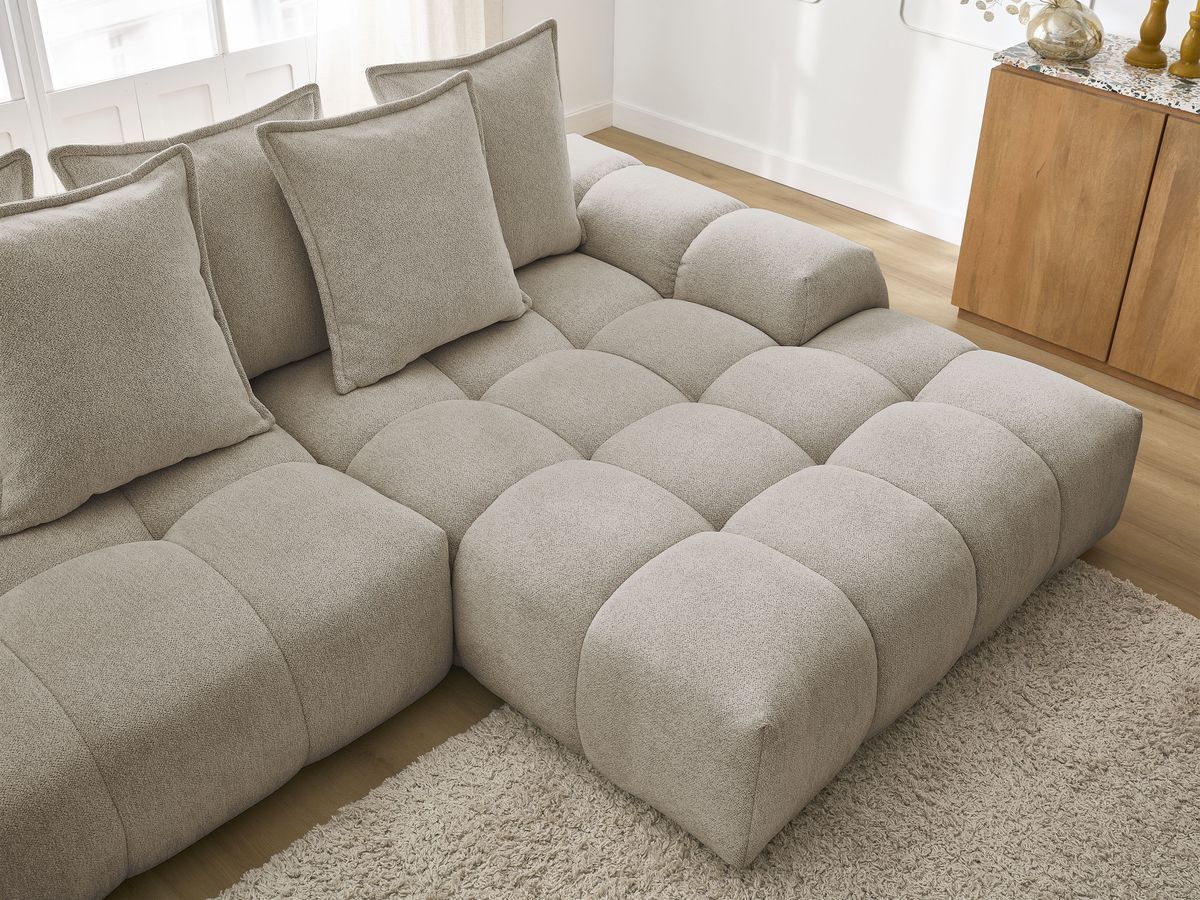 Bobochic Everest Ecksofa mit Schlaffunktion und Bettkasten 318 × 180 cm, 7 Kissen Melange-Stoff Taupe Ecke rechts