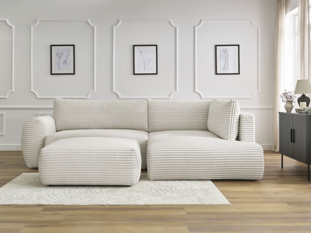 Bobochic Lucien Ecksofa mit Schlaffunktion und Bettkasten und Pouf 296 × 198 cm Breitcord weich Beige Ecke rechts