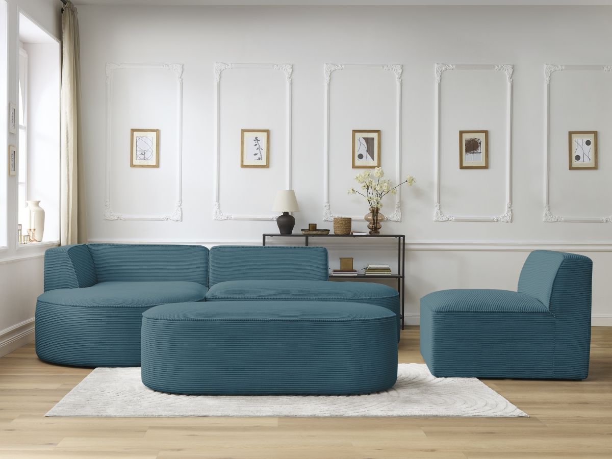 Bobochic Rousseau Ecksofa mit Sofamodul und Pouf Cordsamt Dunkelblau Ecke links