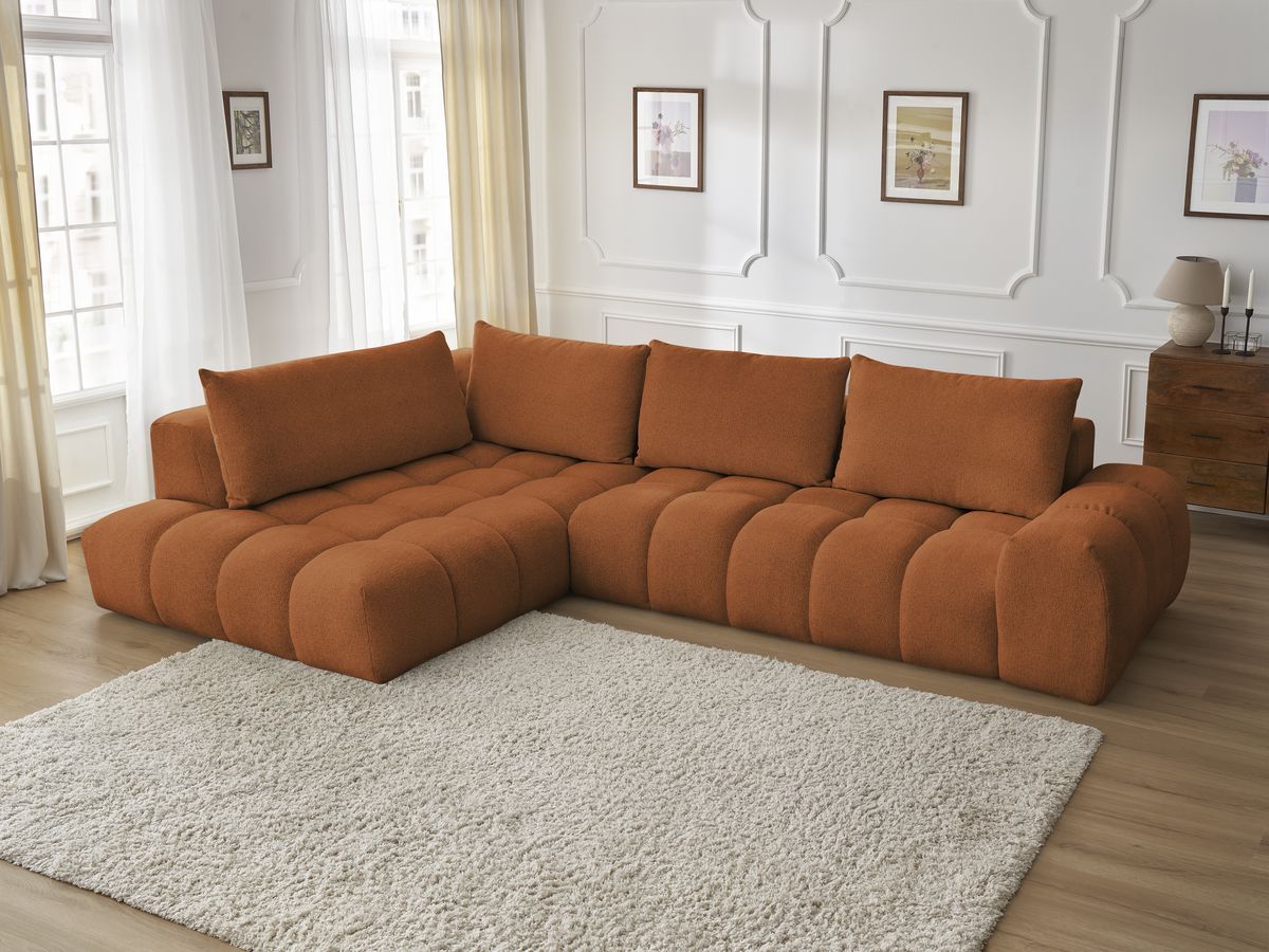 Bobochic Everest Ecksofa, 4 Kissen Melange-Stoff Orange Ecke links