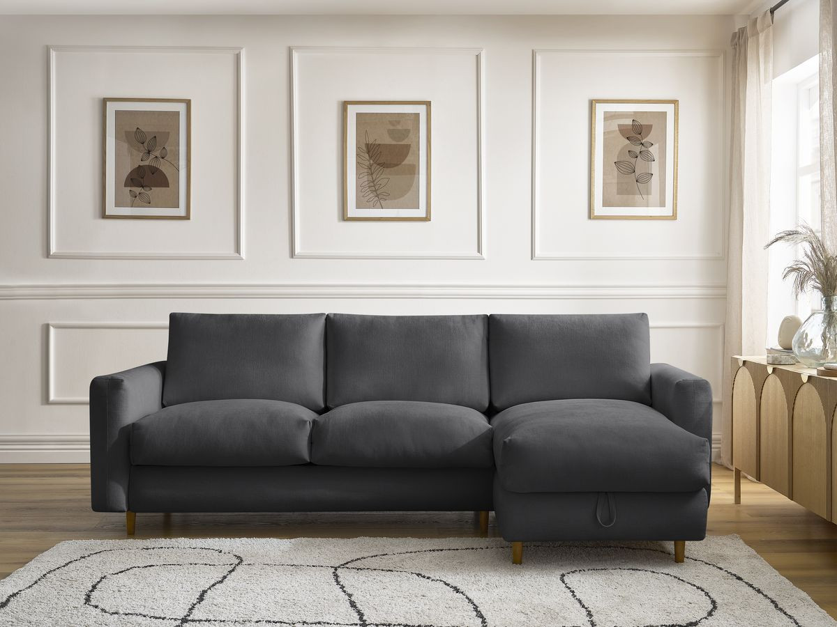 Bobochic Cocoone Ecksofa mit Schlaffunktion und Bettkasten Stoff Schwarz, Liegefläche 160 × 200 cm