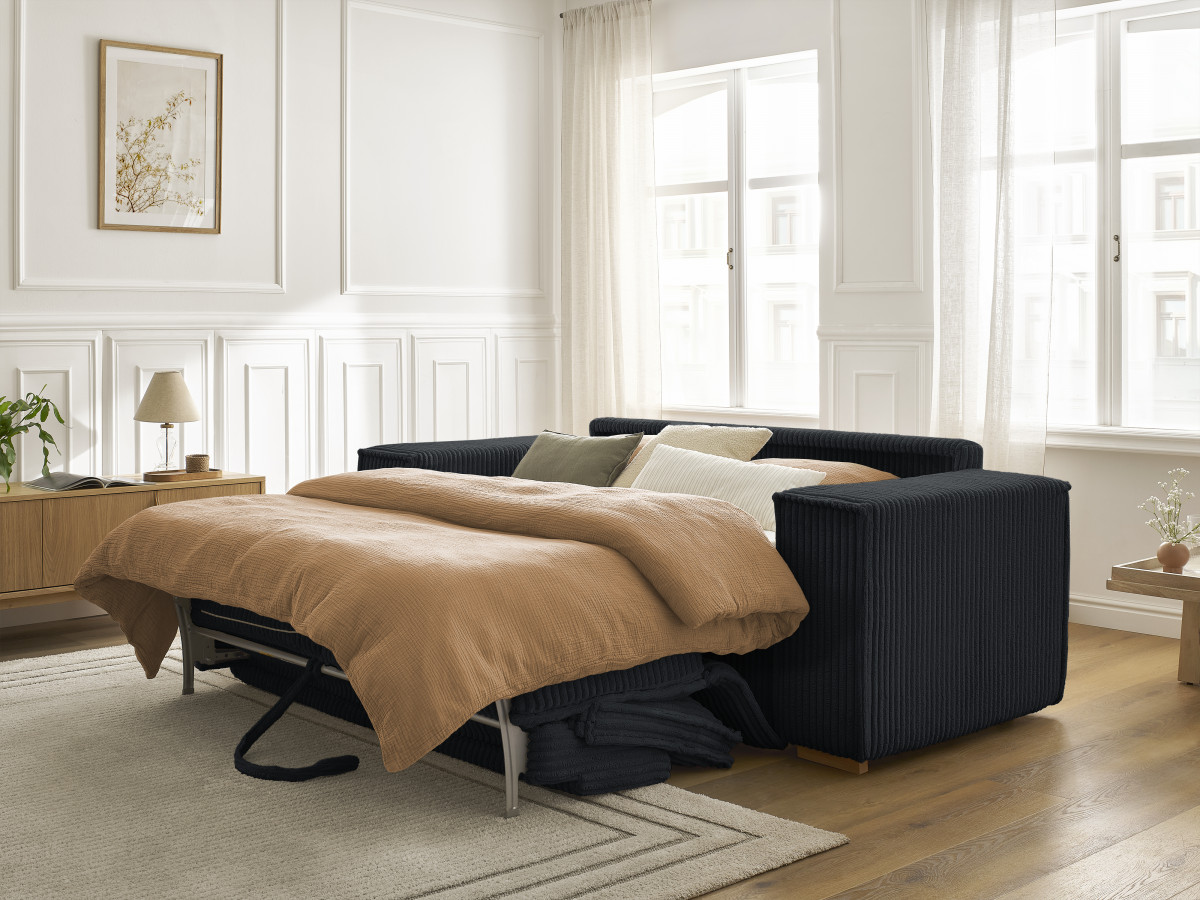 Bobochic Chelsea Schlafsofa 3-Sitzer Cordsamt Schwarz, Liegefläche 160 × 200 cm
