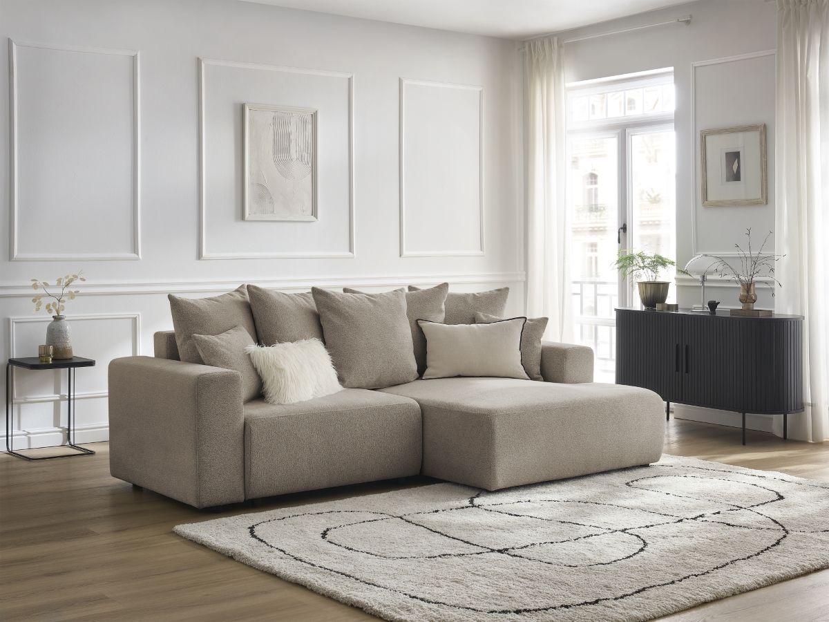 Bobochic Atilla Ecksofa mit Schlaffunktion und Bettkasten Melange-Stoff Taupe Ecke rechts