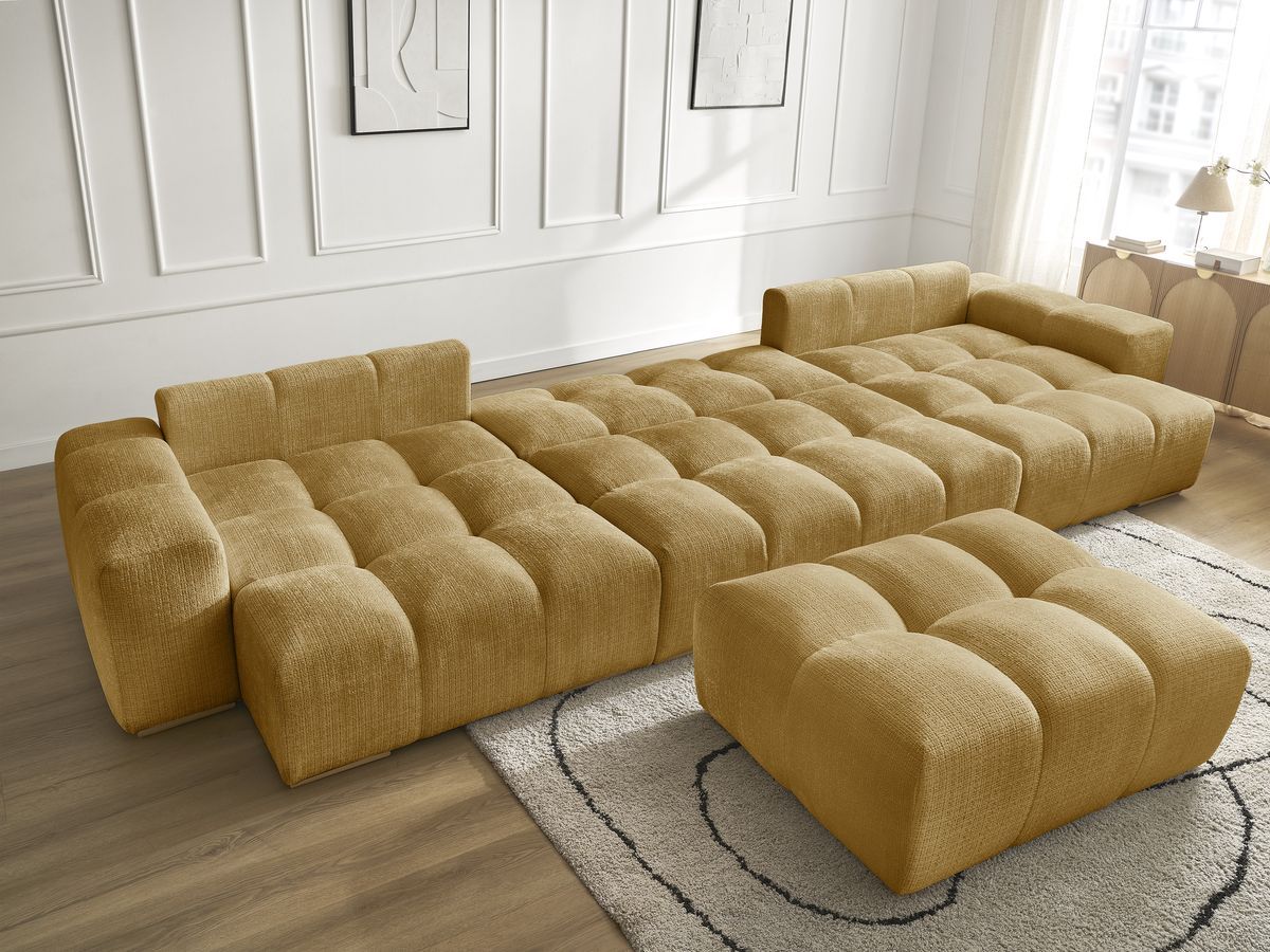 Bobochic Anakin Wohnlandschaft mit Pouf, Liegefläche 137 × 382 cm, 10 Kissen Strukturstoff Gelb