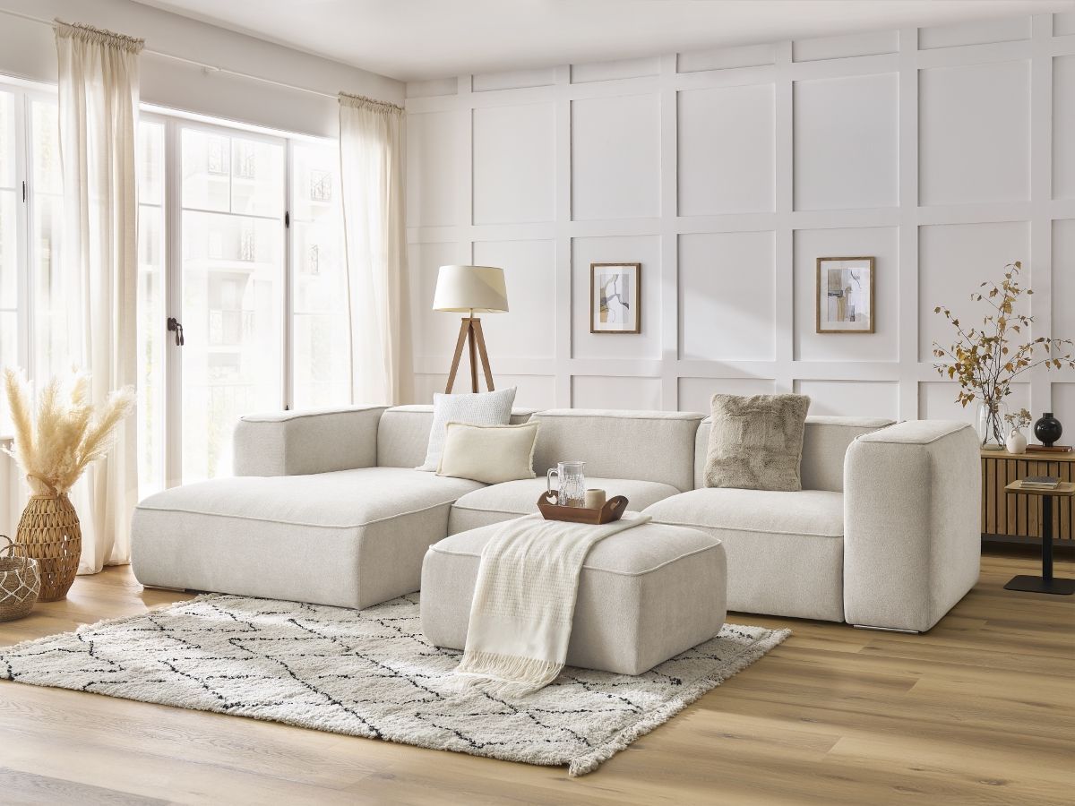 Bobochic Zephyr Ecksofa mit Pouf 349 × 165 cm Strukturstoff Weiß Ecke links
