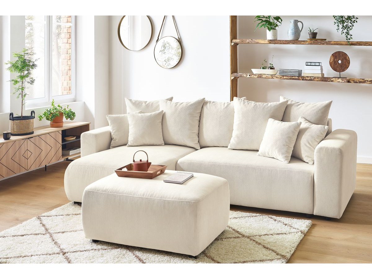 Bobochic Envy Ecksofa mit Schlaffunktion und Bettkasten und Pouf Cordsamt Beige