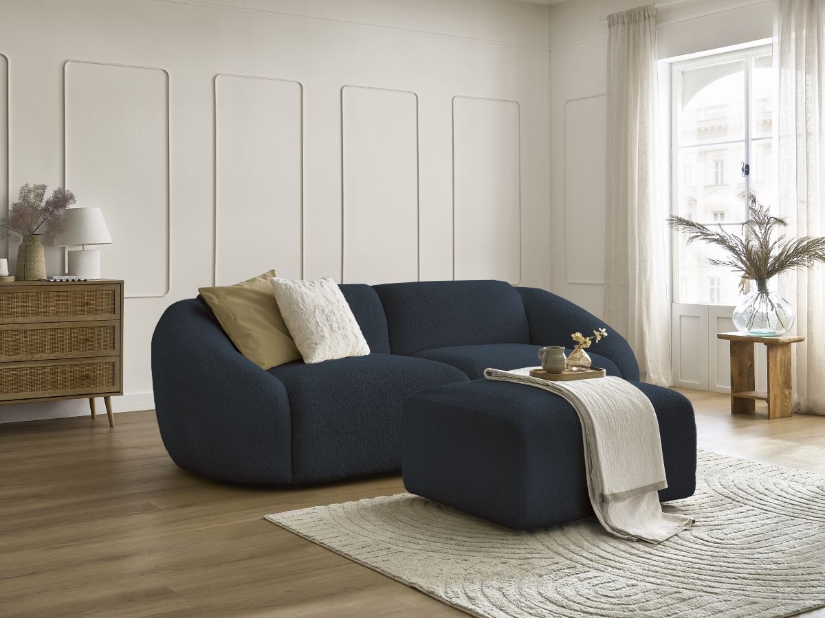 Bobochic Tina Sofa 4-Sitzer mit Pouf Bouclé-Stoff Dunkelblau