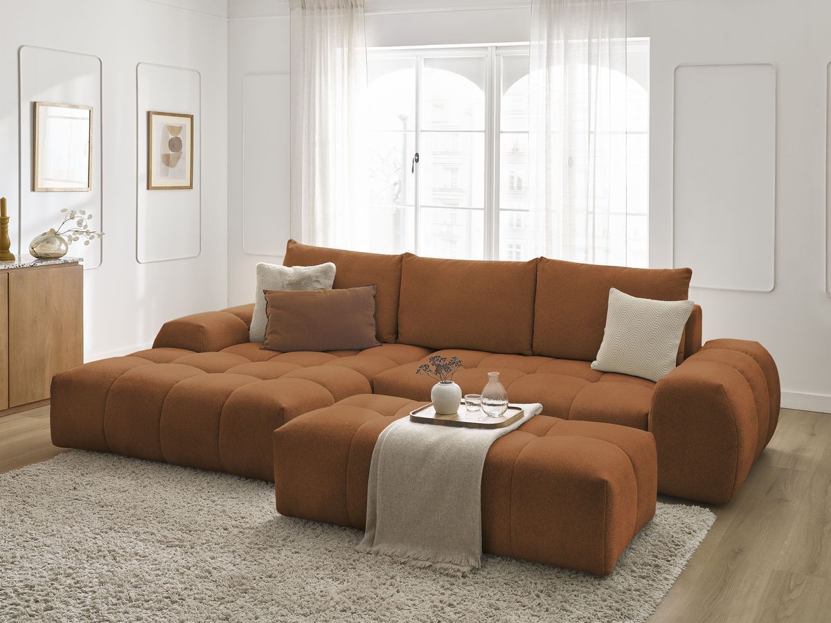 Bobochic Everest Ecksofa mit Schlaffunktion und Bettkasten und Pouf 318 × 180 cm, 3 Kissen Melange-Stoff Orange Ecke links