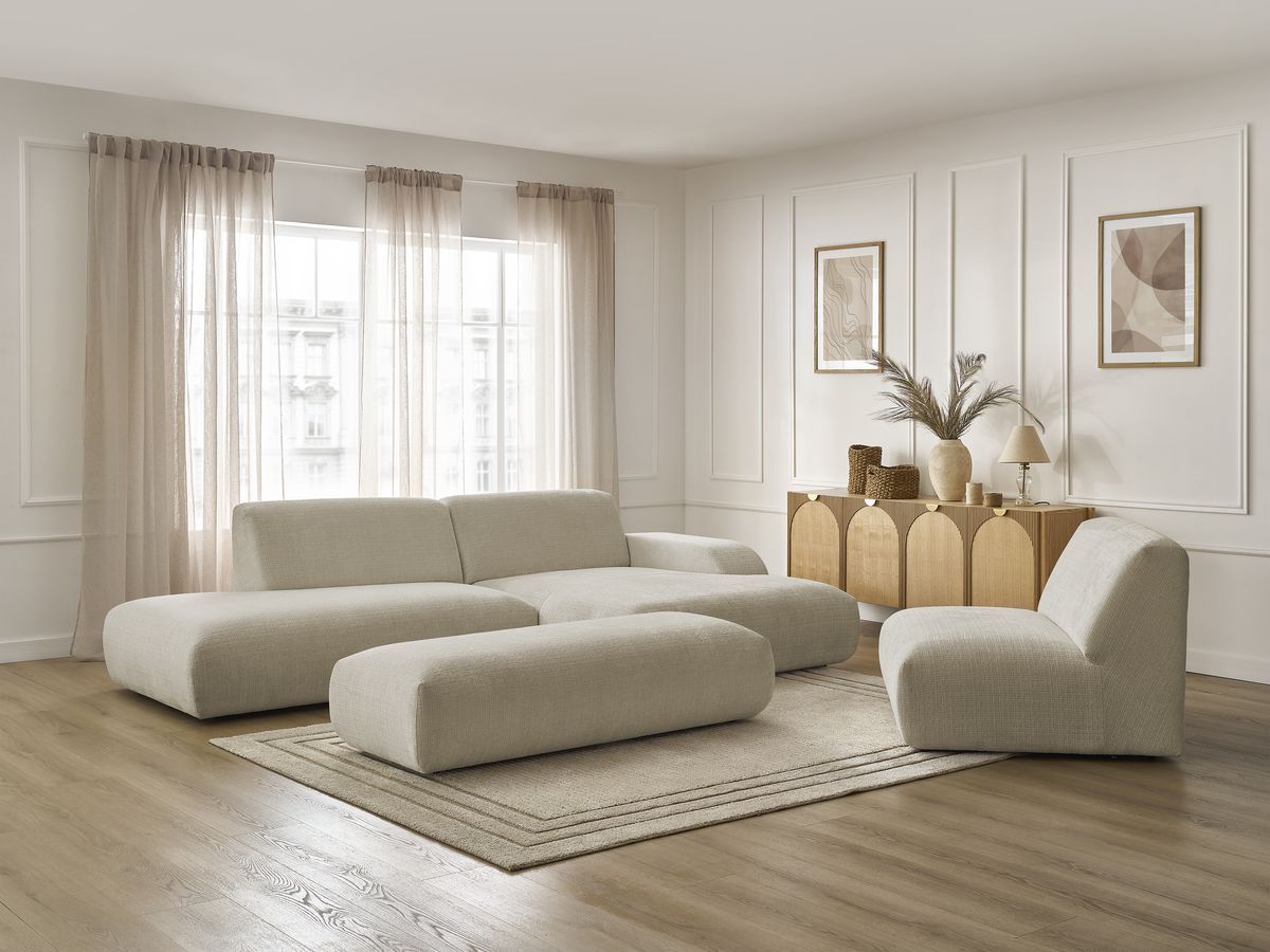 Bobochic Sirius Ecksofa mit Pouf 405 × 170 cm Strukturstoff Beige Ecke rechts