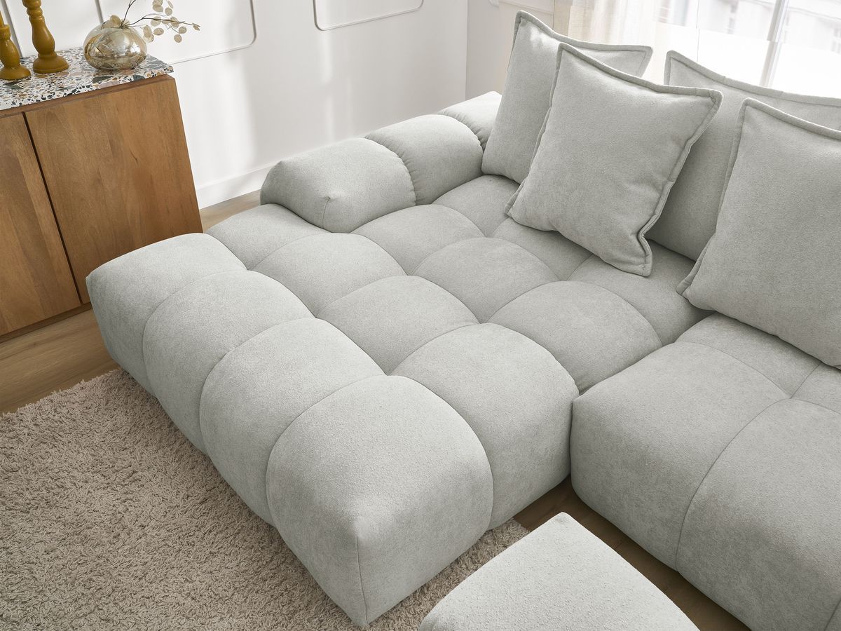 Bobochic Everest Ecksofa mit Schlaffunktion und Bettkasten und Pouf 318 × 180 cm, 7 Kissen Strukturstoff Hellgrau Ecke links
