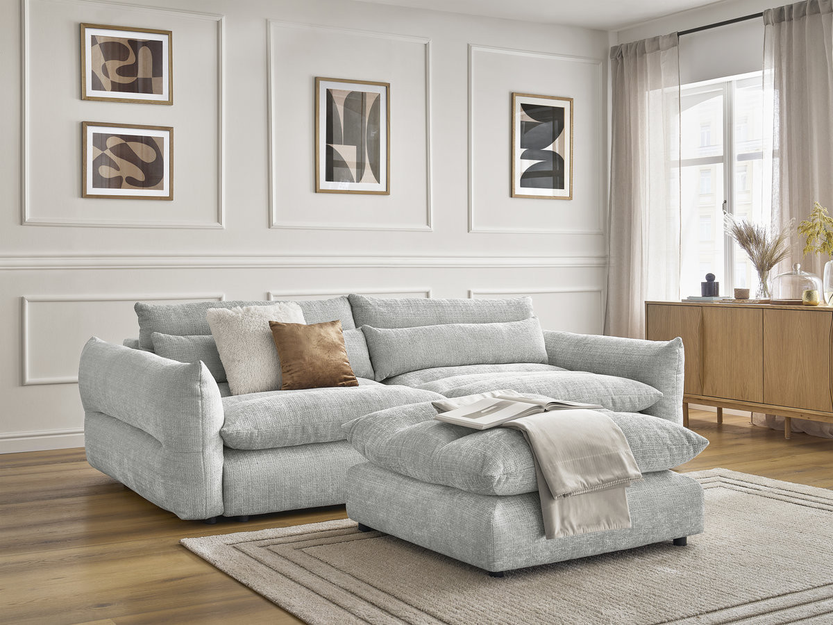 Bobochic Neil Sofa 3-Sitzer mit Pouf Strukturstoff Hellgrau