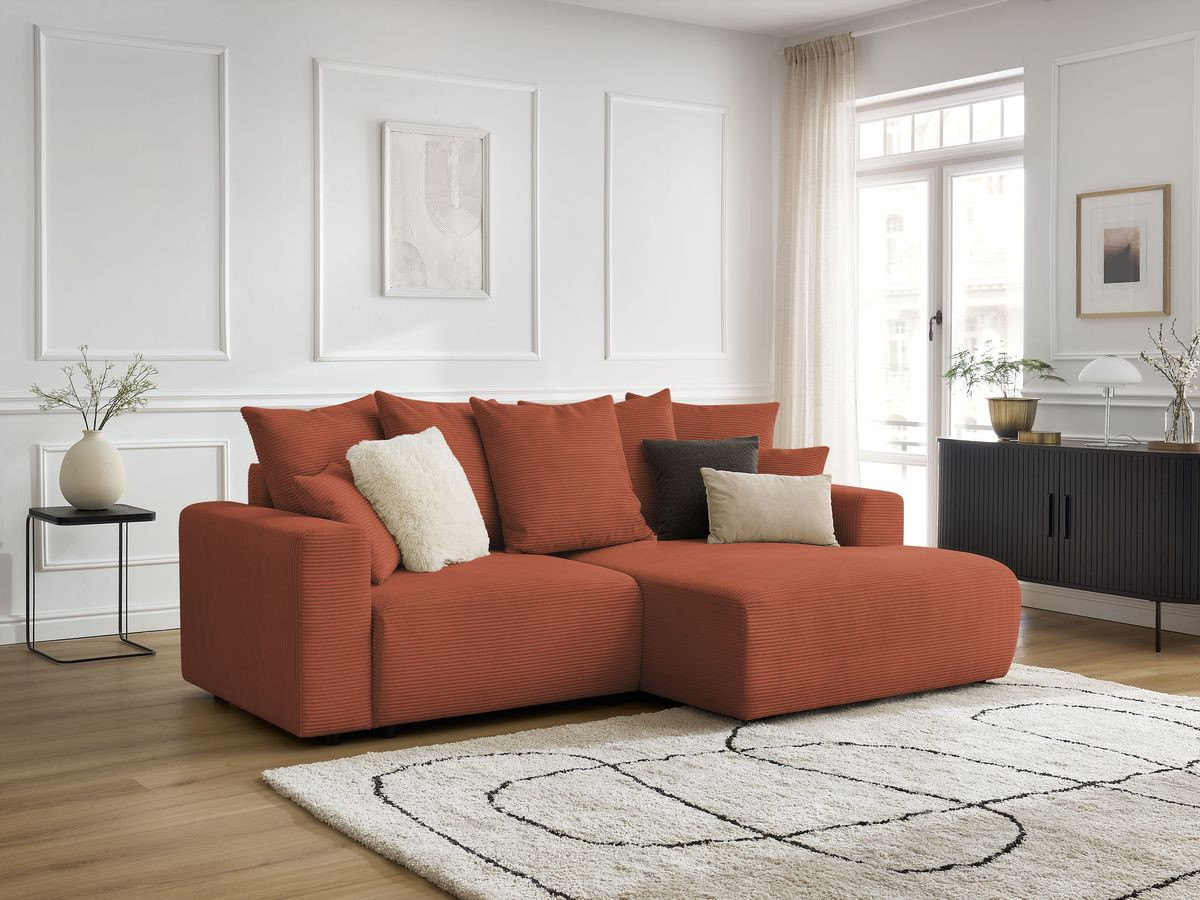 Bobochic Atilla Ecksofa mit Schlaffunktion und Bettkasten Cordsamt Orange Ecke rechts