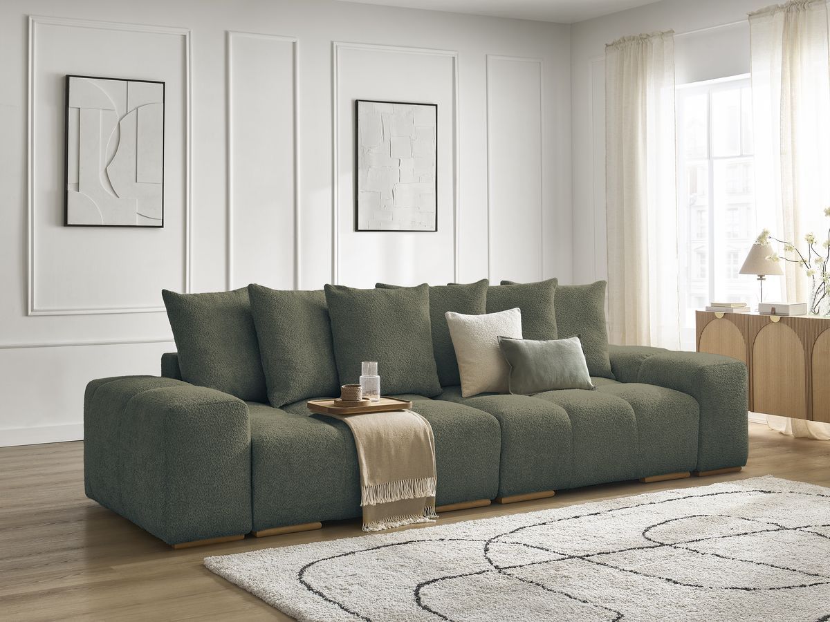 Bobochic Anakin Schlafsofa 3-Sitzer mit Bettkasten, 6 Kissen Bouclé-Stoff Grün
