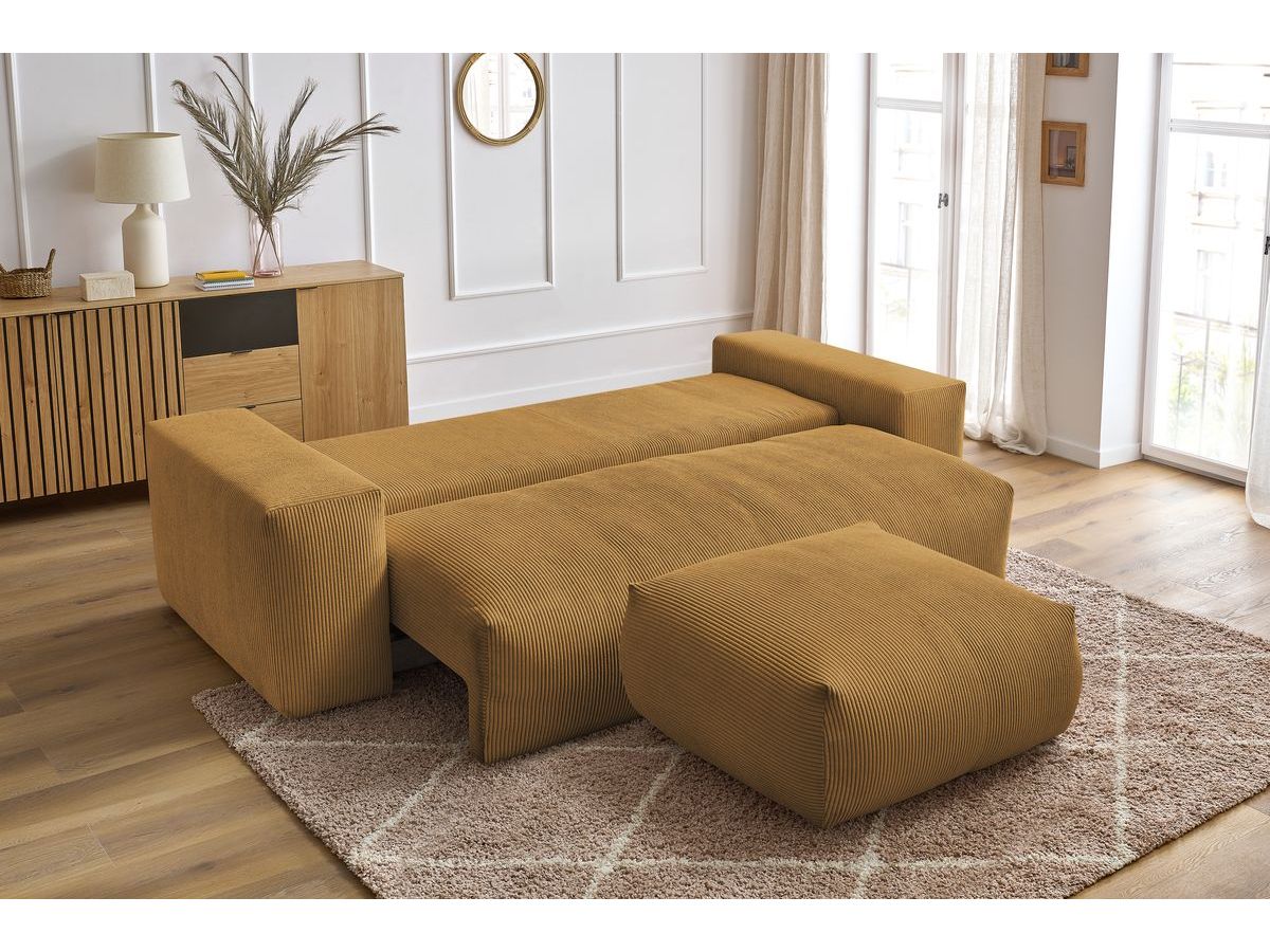 Bobochic Voltaire Schlafsofa 4-Sitzer mit Bettkasten und Pouf Cordsamt Gelb