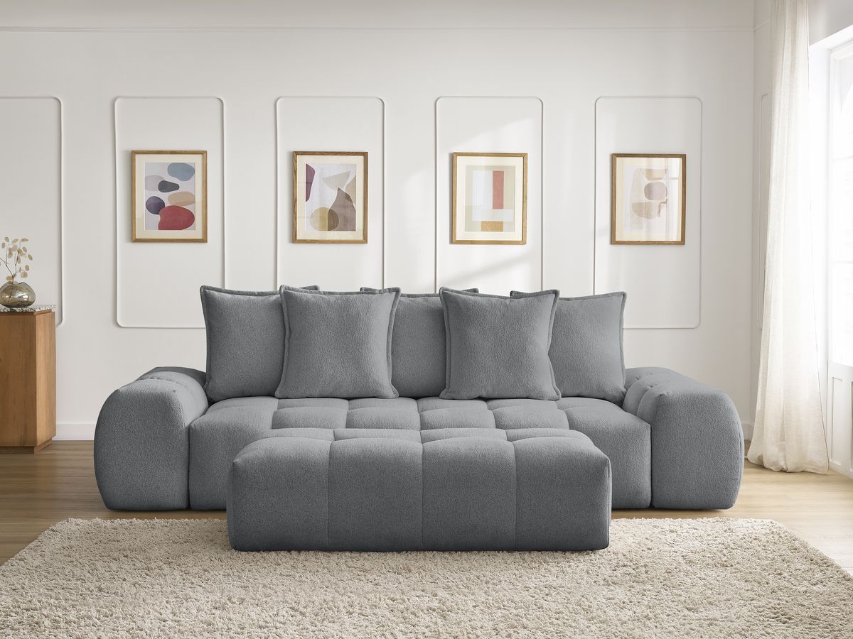 Bobochic Everest Sofa 3-Sitzer mit Pouf, 5 Kissen Melange-Stoff Dunkelgrau