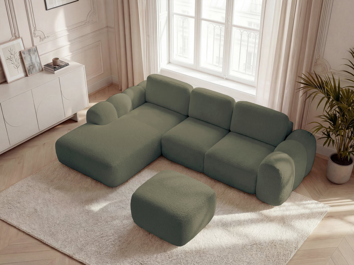 Bobochic Montaigne Ecksofa mit Schlaffunktion und Bettkasten und Pouf 288 × 196 cm Bouclé-Stoff Grün Ecke links