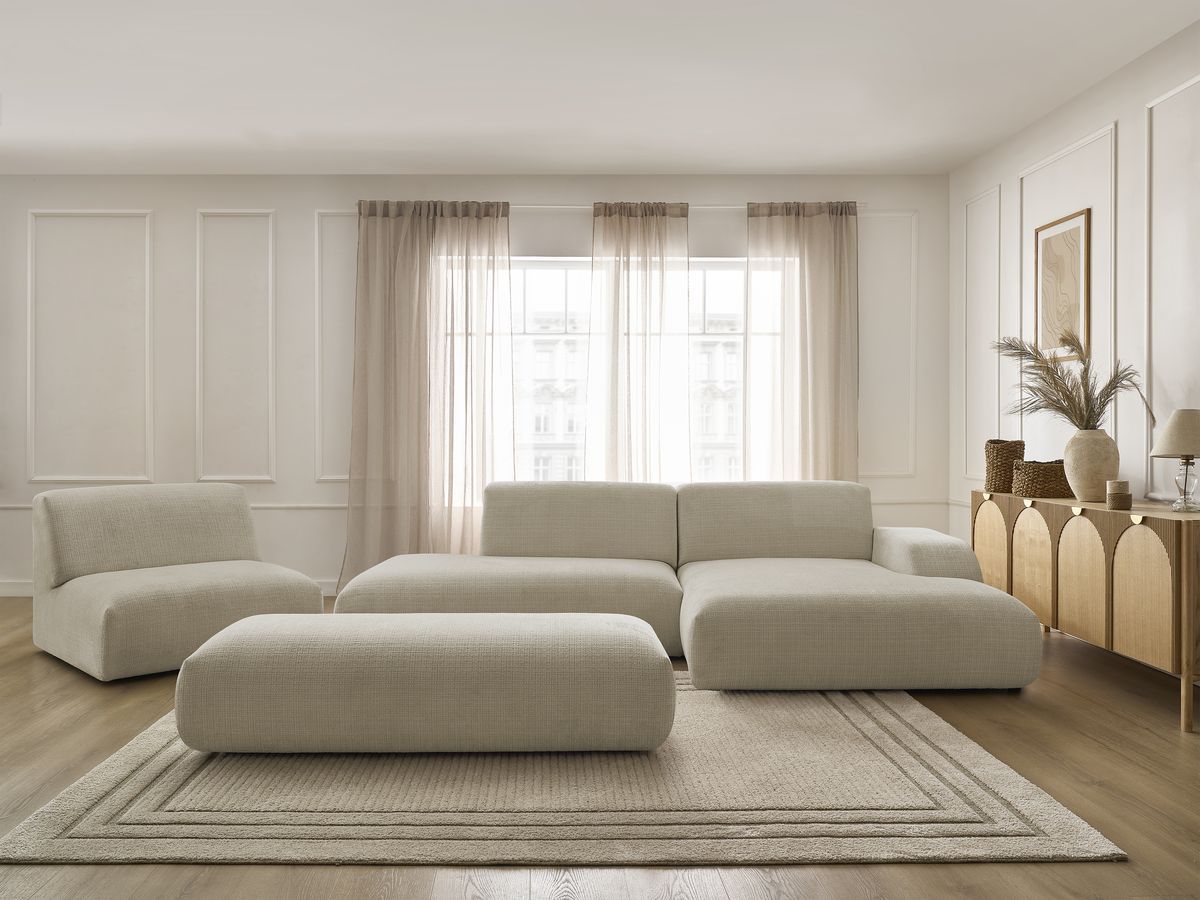 Bobochic Sirius Ecksofa mit Pouf 405 × 170 cm Strukturstoff Beige Ecke rechts