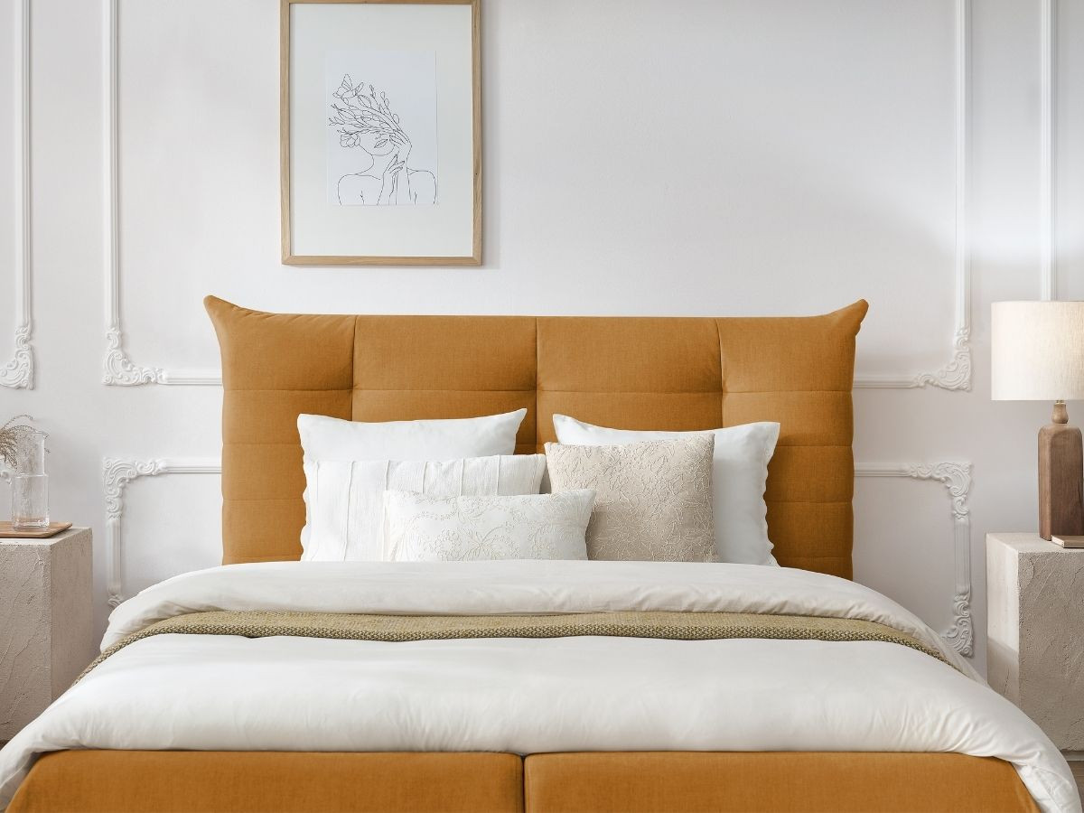Bobochic Clothilde Polsterbett mit Bettkasten Samt Orange, Liegefläche 140 × 190 cm