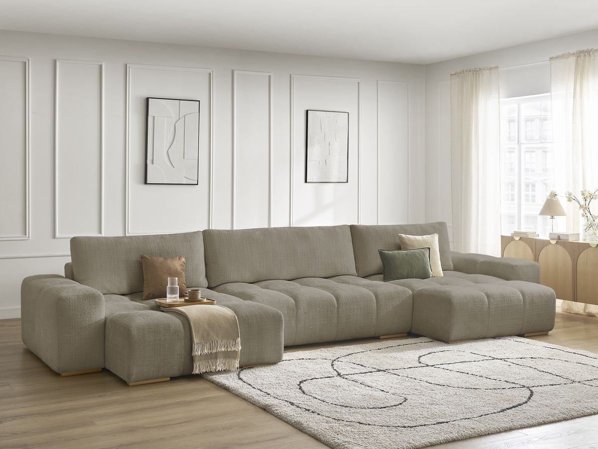 Bobochic Anakin Wohnlandschaft, Liegefläche 137 × 382 cm, 3 Kissen Strukturstoff Taupe
