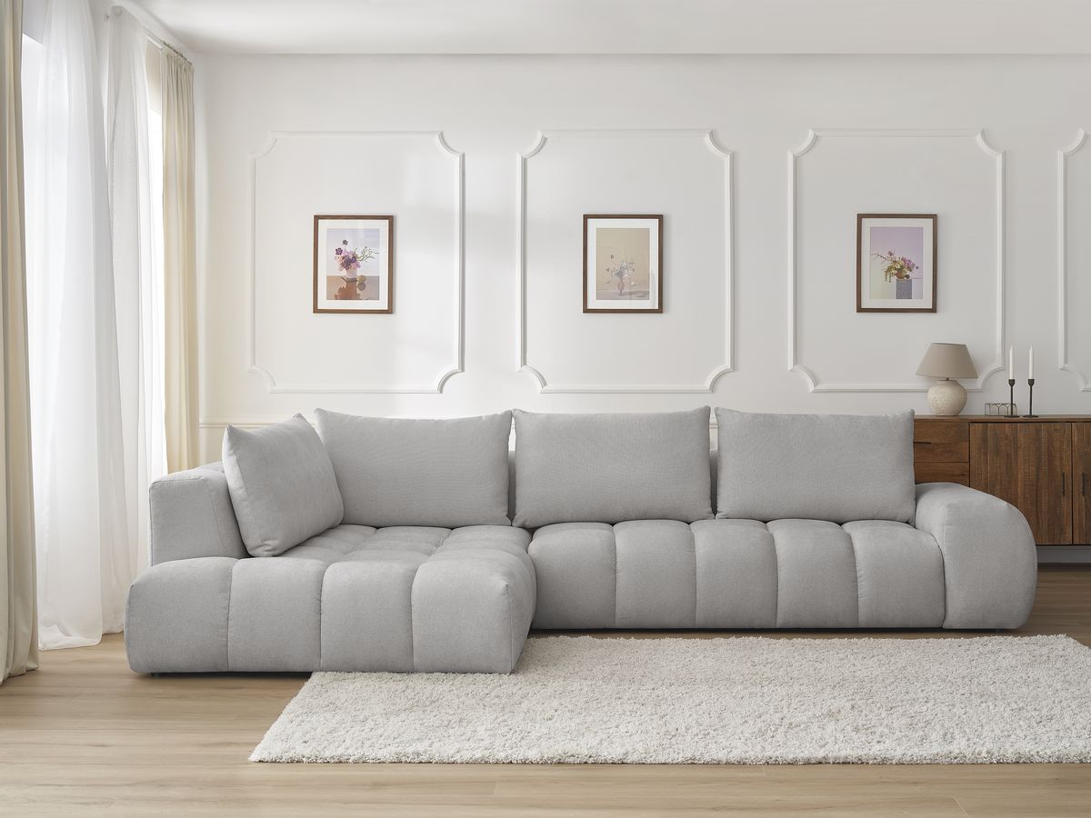 Bobochic Everest Ecksofa, 4 Kissen Strukturstoff Hellgrau Ecke links