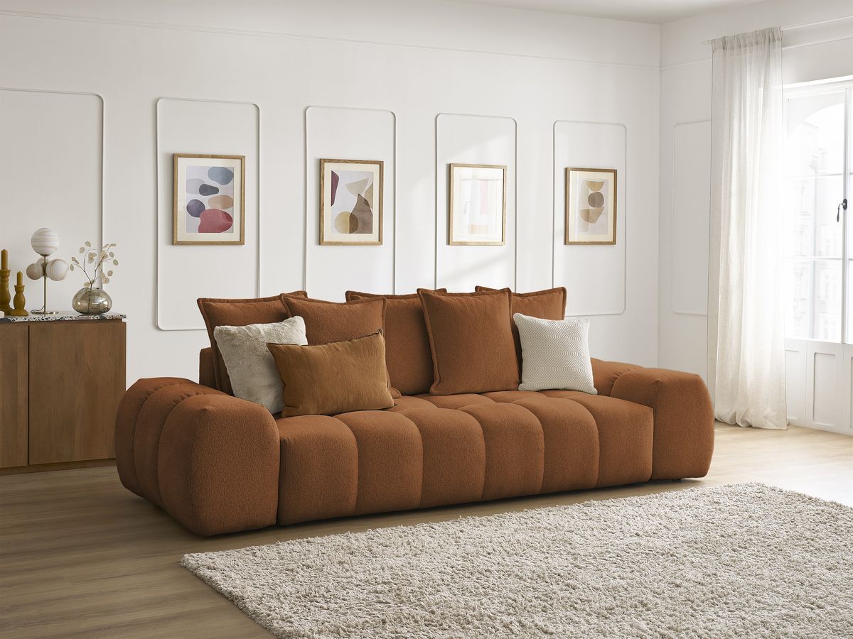 Bobochic Everest Schlafsofa 3-Sitzer mit Bettkasten, 5 Kissen Melange-Stoff Orange