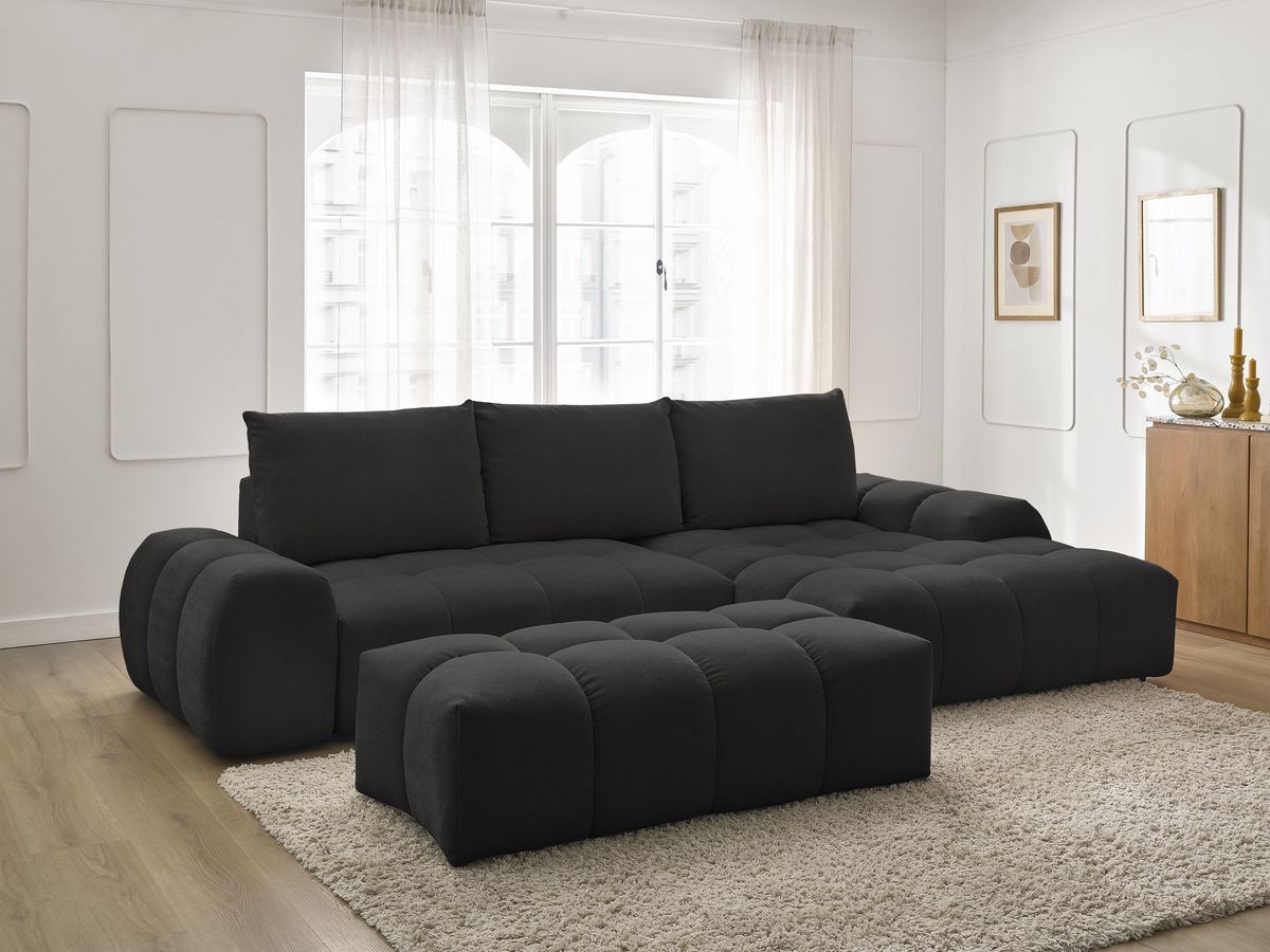 Bobochic Everest Ecksofa mit Schlaffunktion und Bettkasten und Pouf 318 × 180 cm, 3 Kissen Strukturstoff Schwarz Ecke rechts