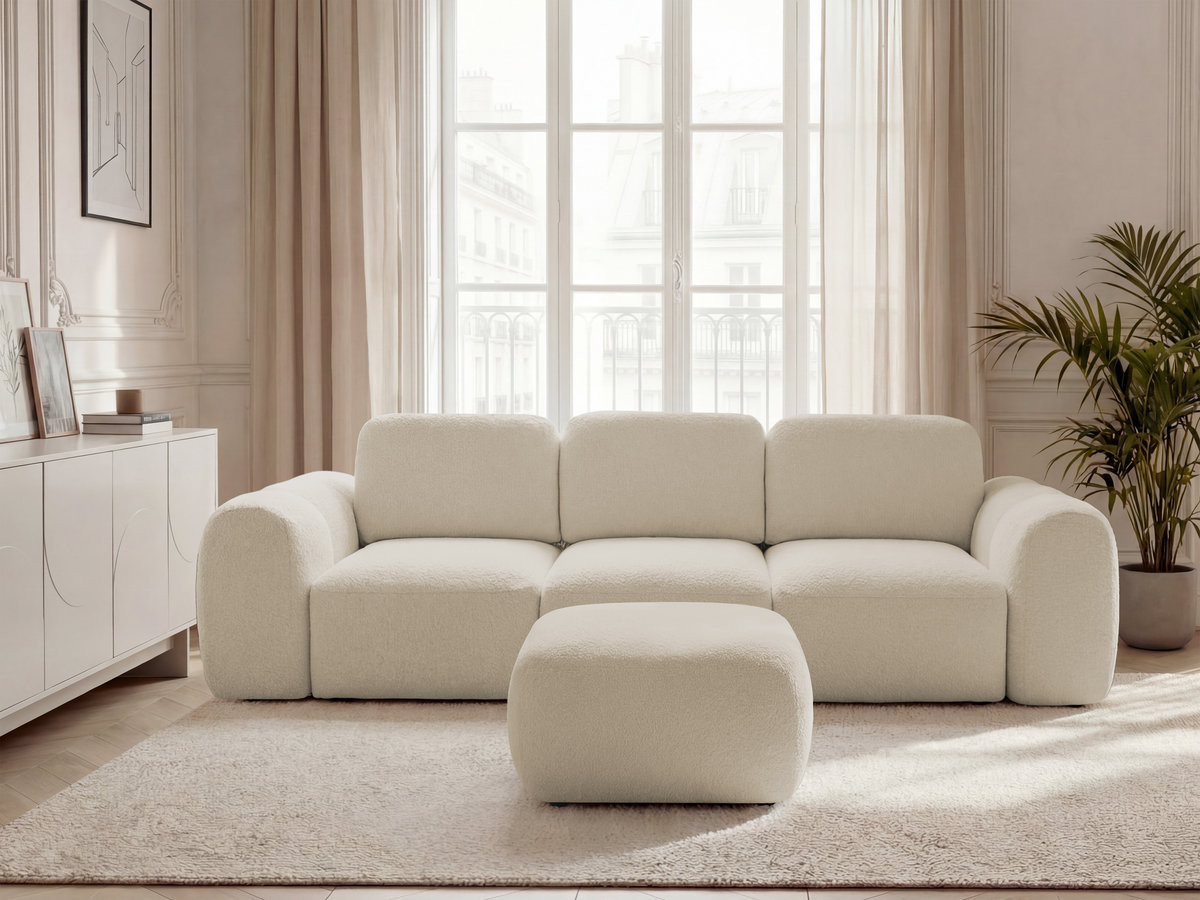 Bobochic Montaigne Schlafsofa 3-Sitzer mit Bettkasten und Pouf Bouclé-Stoff Beige