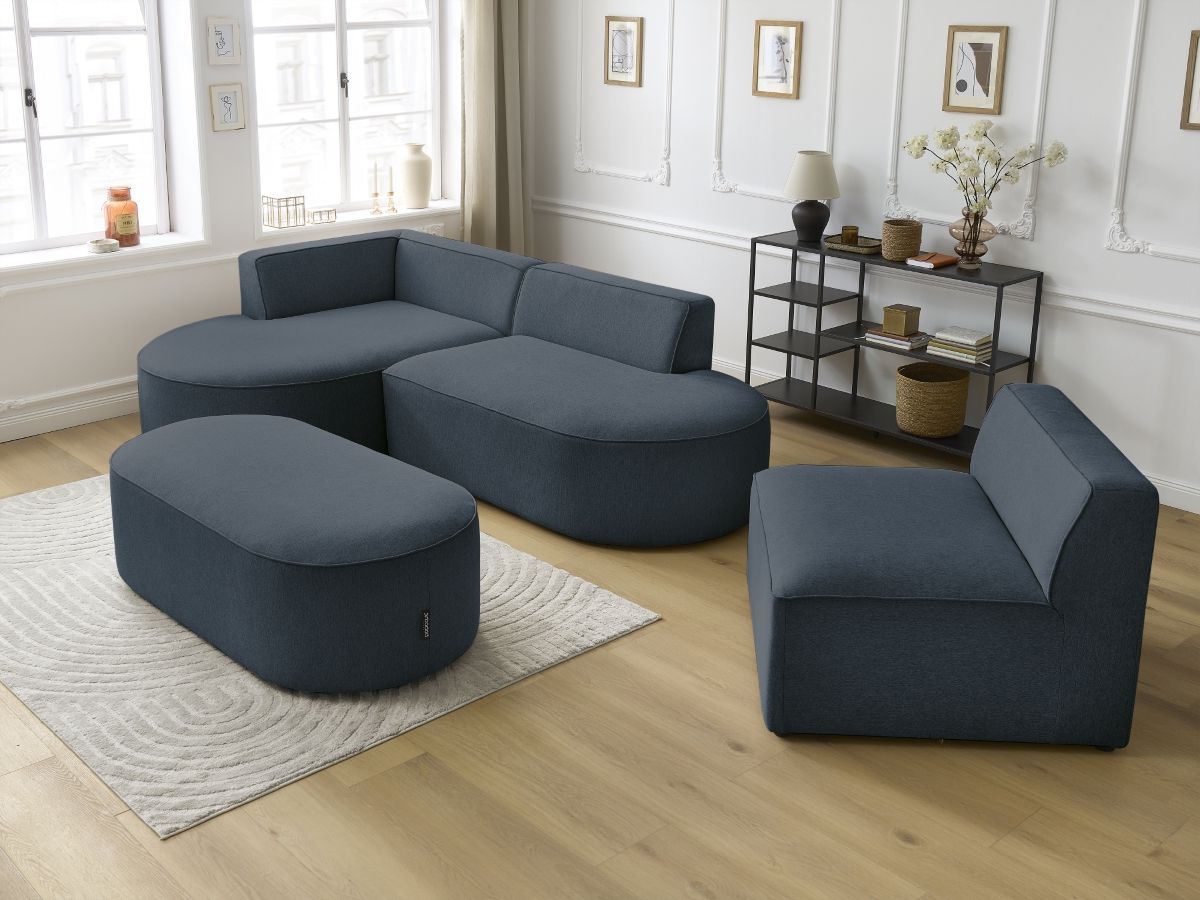 Bobochic Rousseau Ecksofa mit Sofamodul und Pouf Melange-Stoff Dunkelblau Ecke links