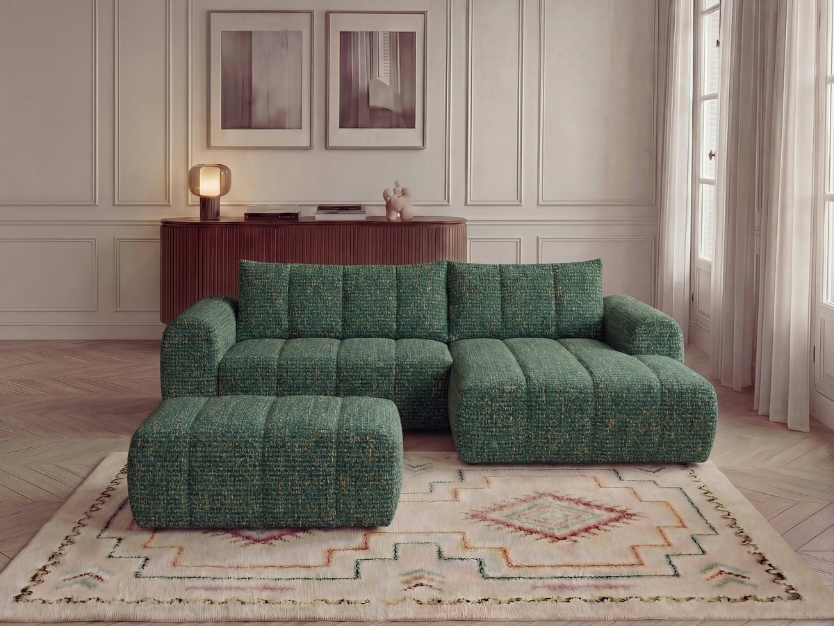 Bobochic Nesty Ecksofa 272 cm mit Pouf Melange-Stoff Dunkelgrün Ecke rechts