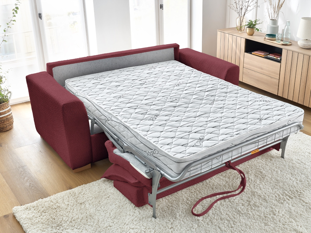 Bobochic Augustin Schlafsofa 3-Sitzer Bouclé-Stoff Rot, Liegefläche 140 × 200 cm