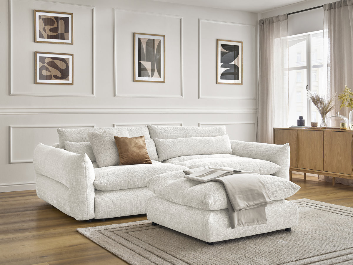 Bobochic Neil Sofa 3-Sitzer mit Pouf Strukturstoff Weiß