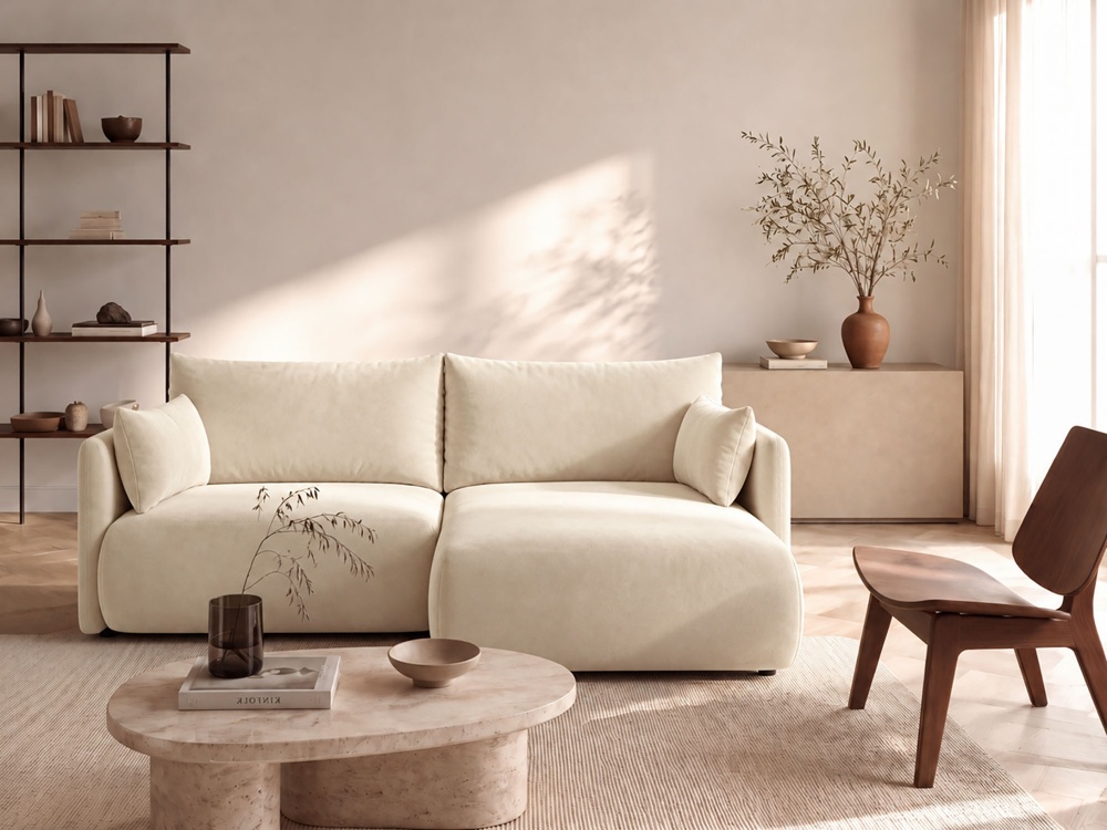 Cosmopolitan Design Ecksofa Monaco 3-Sitzer mit Schlaffunktion Samt Bluvel Helles Beige Rechts