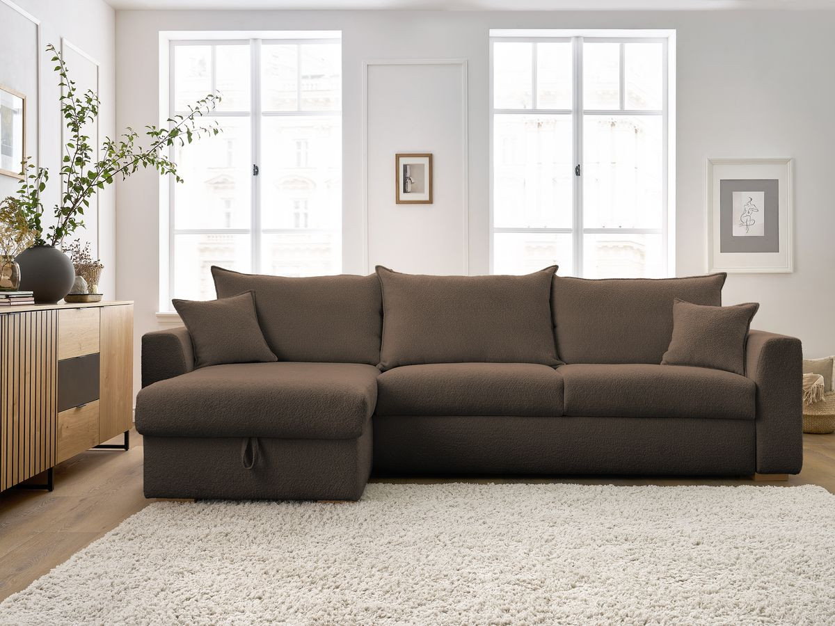 Bobochic Augustin Ecksofa mit Schlaffunktion und Bettkasten Bouclé-Stoff Braun, Liegefläche 160 × 200 cm