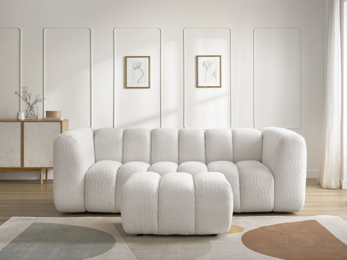 Bobochic Talia Sofa 3-Sitzer mit Pouf Bouclé-Stoff Weiß