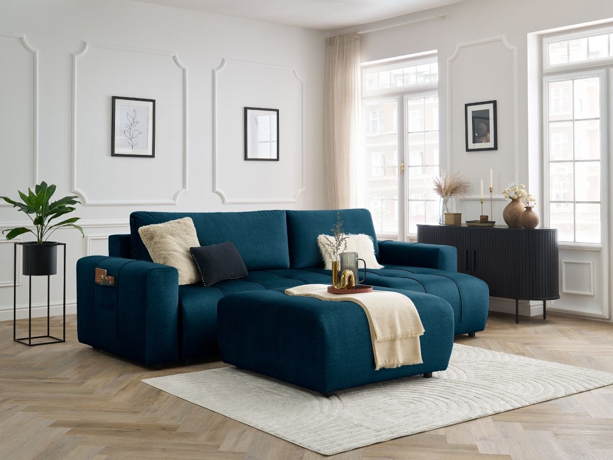 Bobochic Arsene Ecksofa mit Schlaffunktion und Bettkasten und Pouf 288 × 148 cm Samt Blau