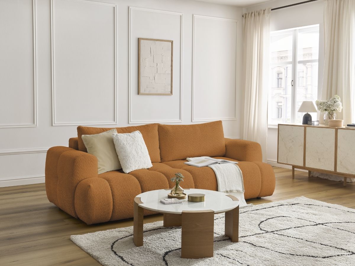 Bobochic Fuji Schlafsofa 3-Sitzer mit Bettkasten Bouclé-Stoff Gelb