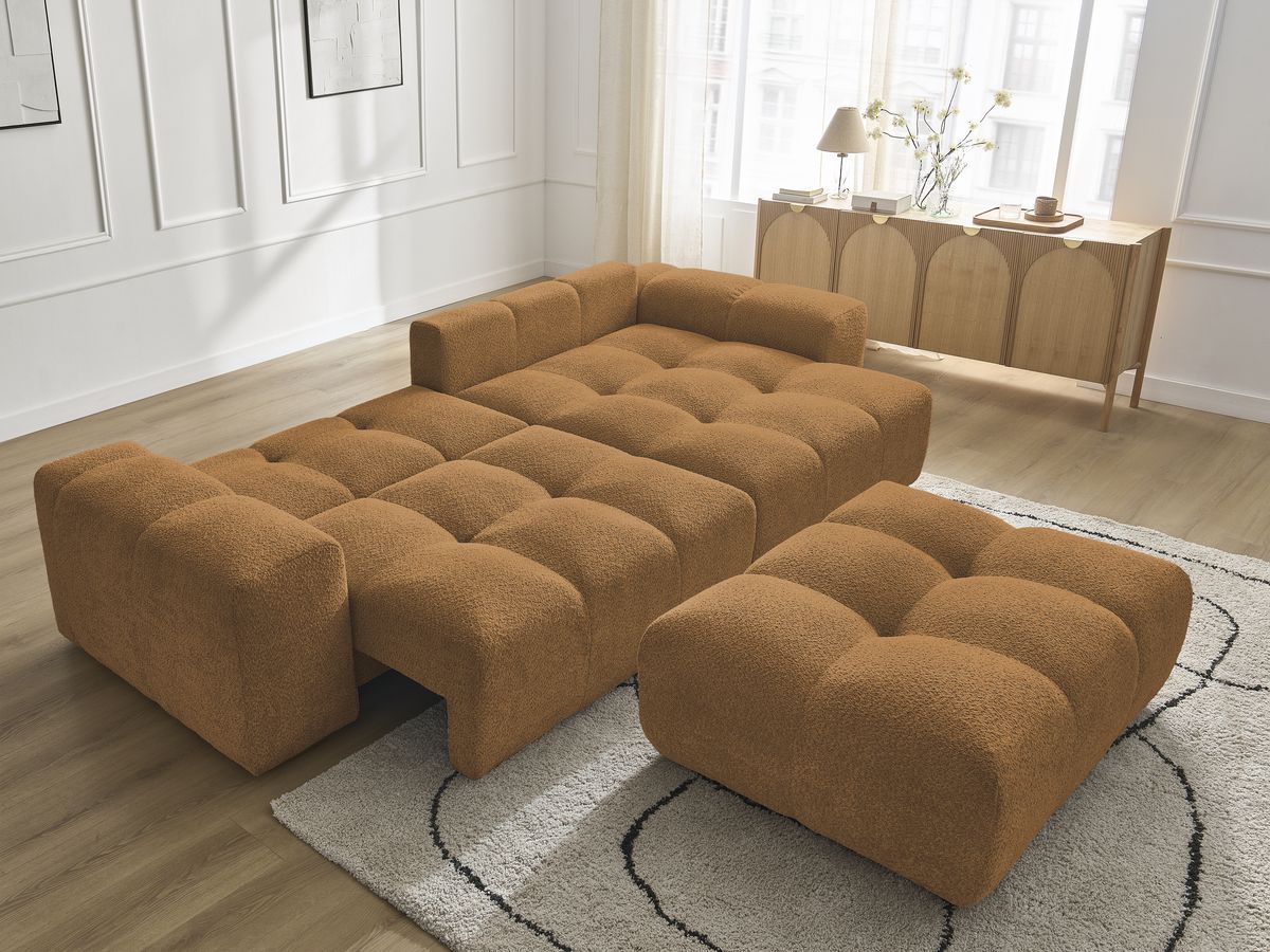 Bobochic Anakin Ecksofa mit Schlaffunktion und Bettkasten und Pouf, 6 Kissen Bouclé-Stoff Gelb